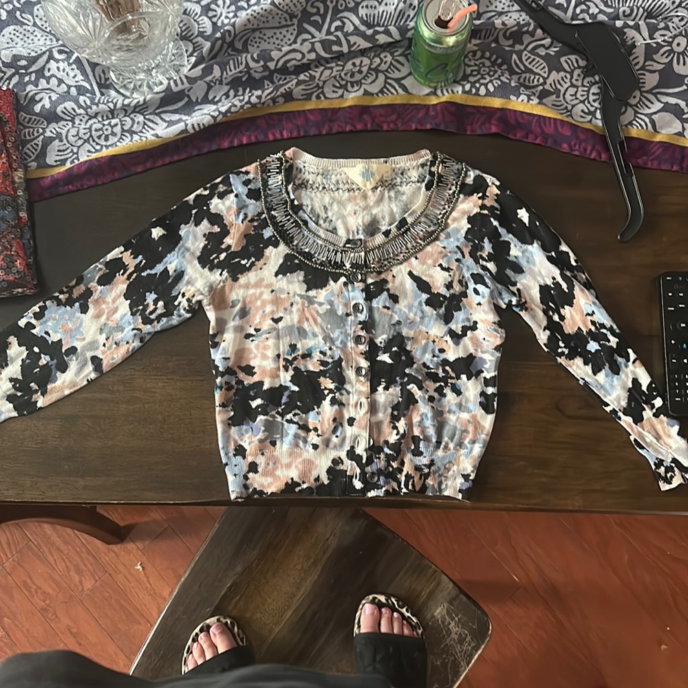 WHR x Anthropologie Multi-Color Blue Beaded Cardigan Size - M